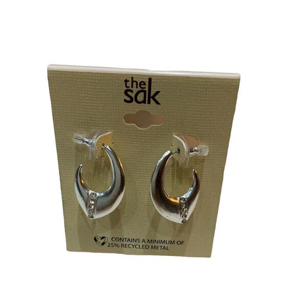 The Sak Silver Tone Rhinestones Inlay Curved Hoop Earrings Recycled Metal NEW - Picture 3 of 5